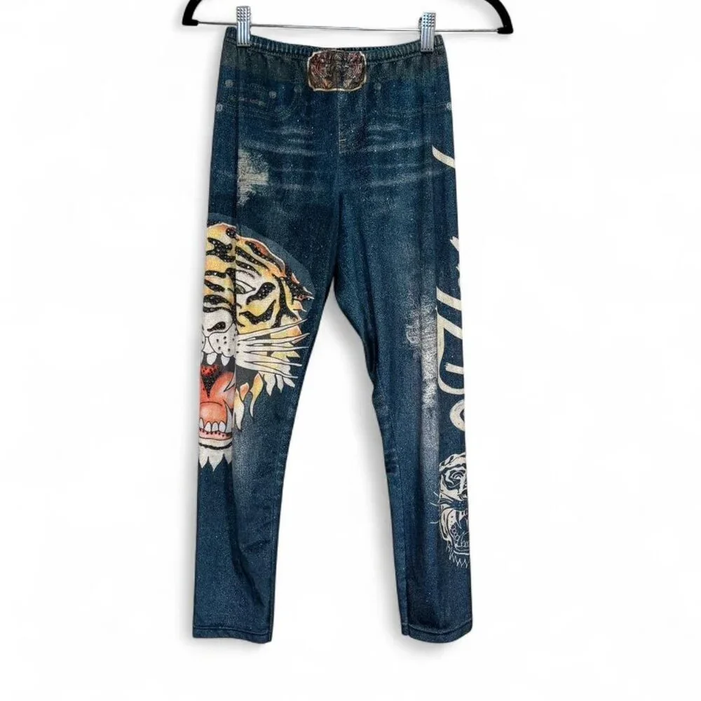 Ed Hardy Embellished Gem Leggings XS Y2K Grunge Punk - Picture 1 of 8